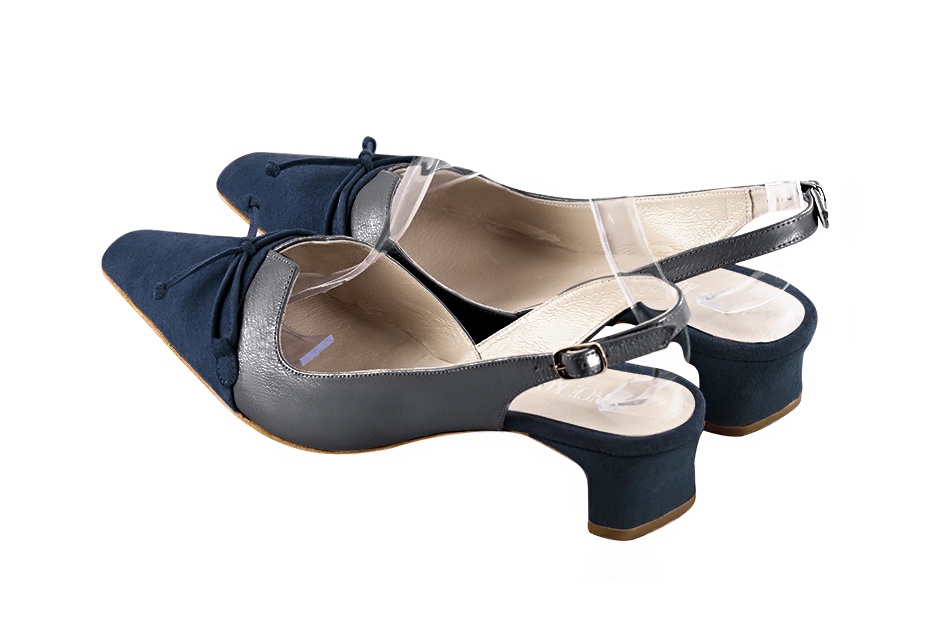 Dress slingback bow heels in navy blue and dove grey leather with kitten heels and tapered toe - Rear view